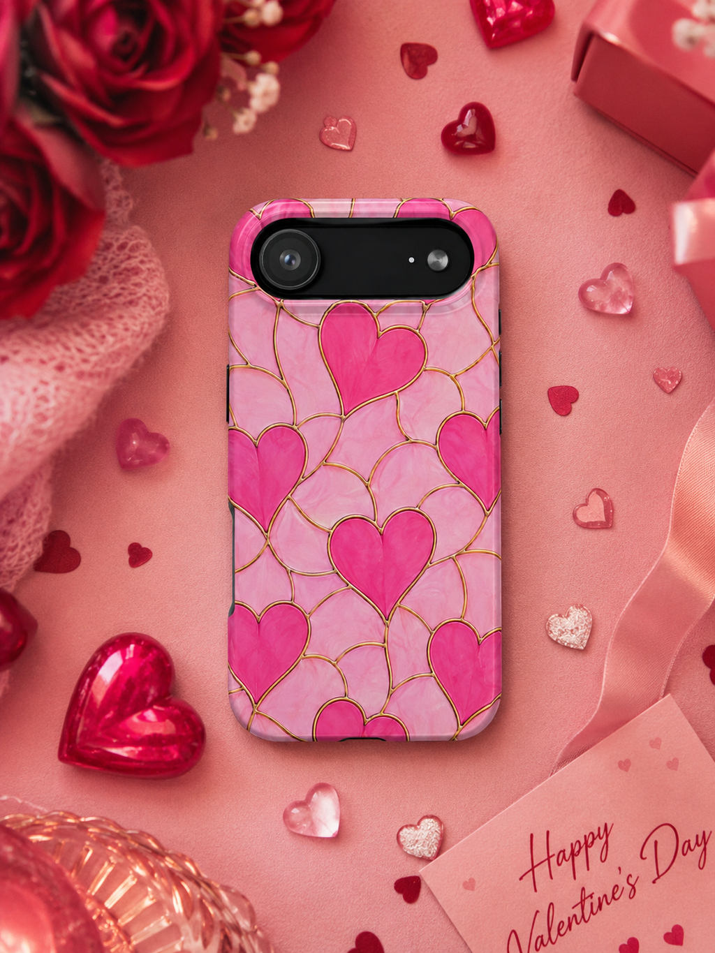 Pink Heart Faux Stained Glass Phone Case | Cute Valentine’s Day iPhone & Samsung Case | Girly Pink Hearts Aesthetic Protective Cover
