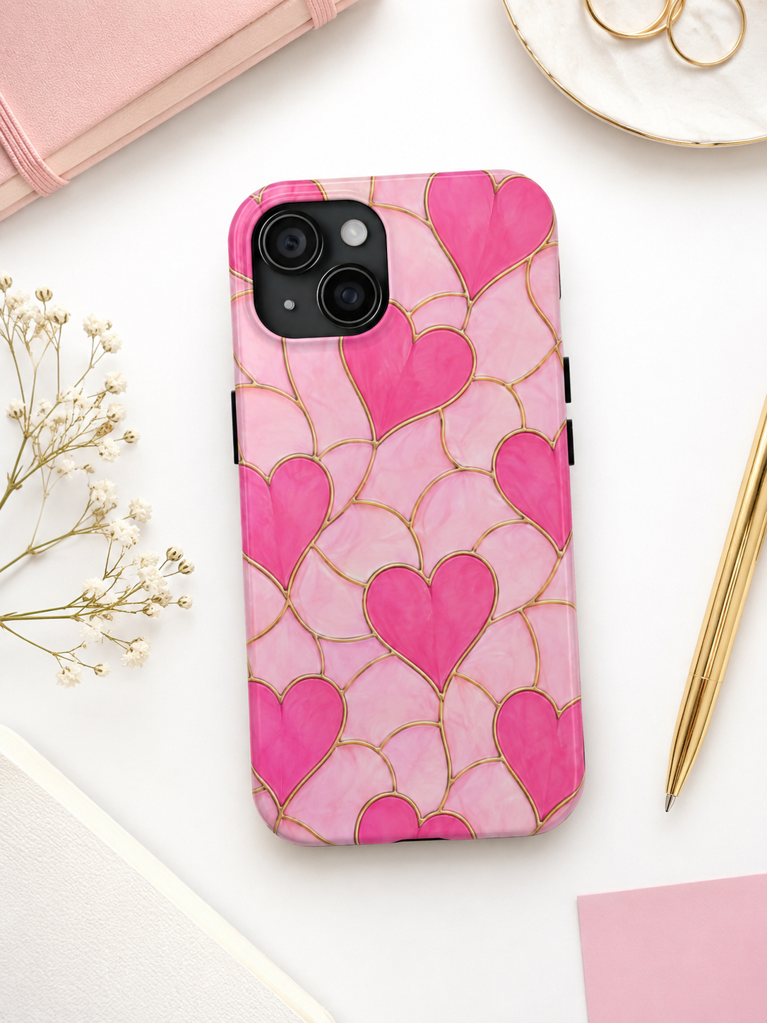 Pink Heart Faux Stained Glass Phone Case | Cute Valentine’s Day iPhone & Samsung Case | Girly Pink Hearts Aesthetic Protective Cover