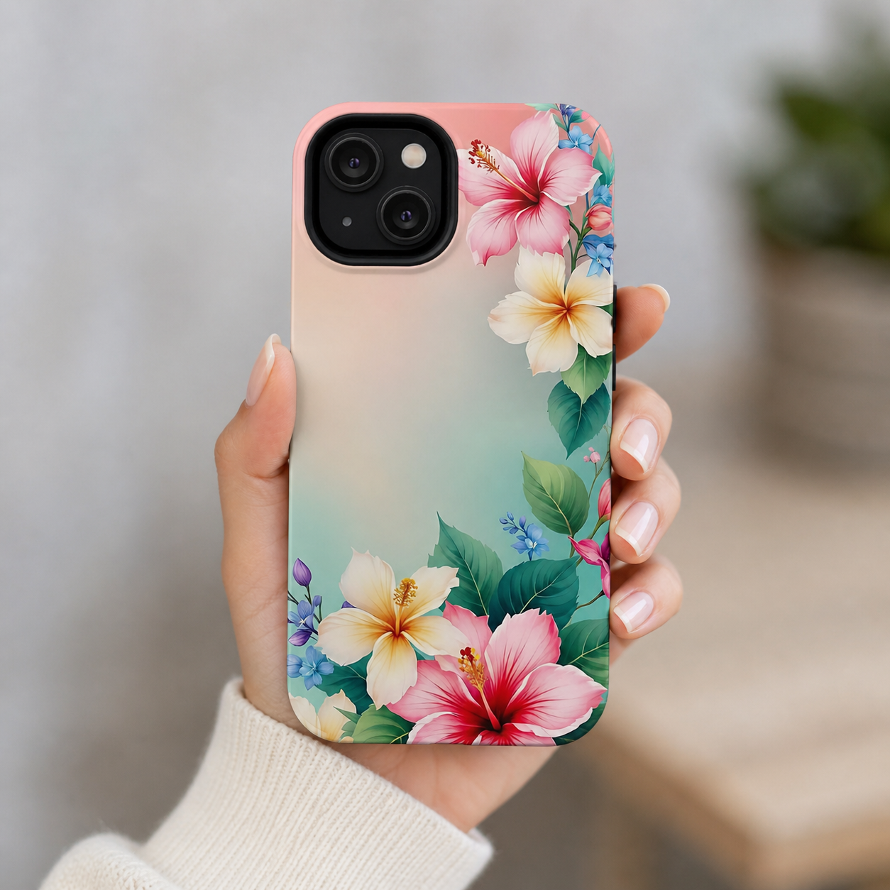 Tropical Hibiscus Floral Tough Phone Case | Protective Shockproof iPhone & Samsung Case | Beach Aesthetic Pastel Flower Cover | Floral Protective Phone Case