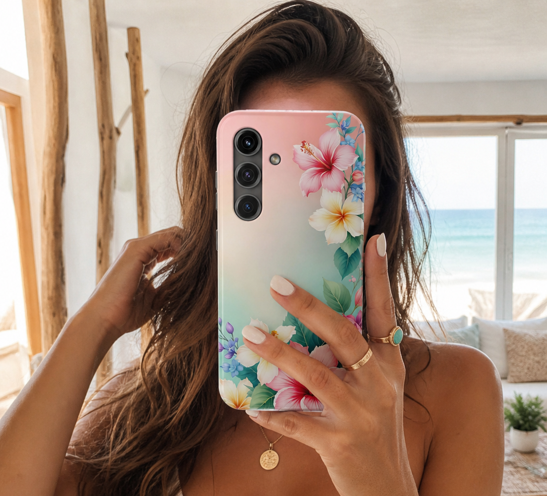 Tropical Hibiscus Floral Tough Phone Case | Protective Shockproof iPhone & Samsung Case | Beach Aesthetic Pastel Flower Cover | Floral Protective Phone Case