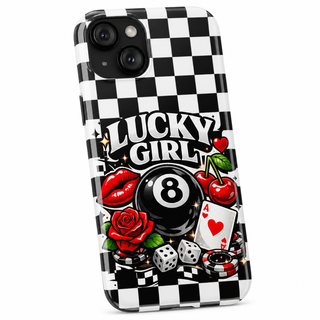 Lucky Girl 8 Ball Phone Case | Black & White Checkerboard Aesthetic | Casino Chic, Cherry & Rose | Glossy Tough Case for iPhone & Samsung