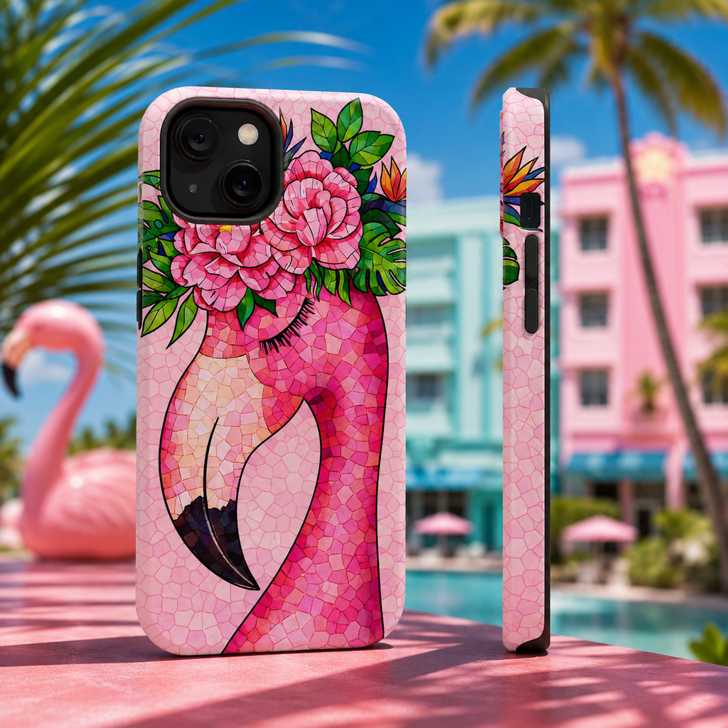 Pink Flamingo Mosaic Phone Case | Tropical Miami Vibes Floral Tough Case for iPhone | Pink Floral Tough Phone Case | Durable Mosaic iPhone Case