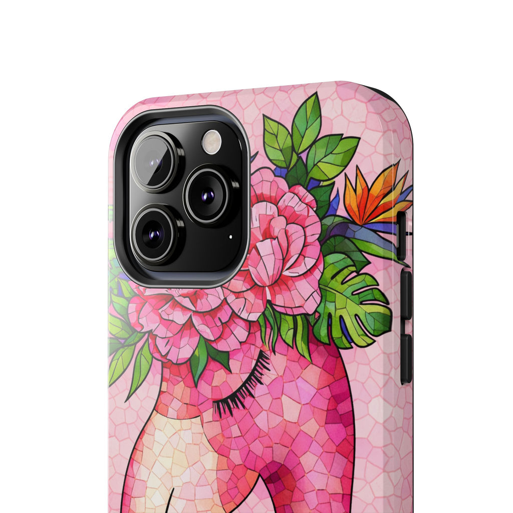 Pink Flamingo Mosaic Phone Case | Tropical Miami Vibes Floral Tough Case for iPhone | Pink Floral Tough Phone Case | Durable Mosaic iPhone Case