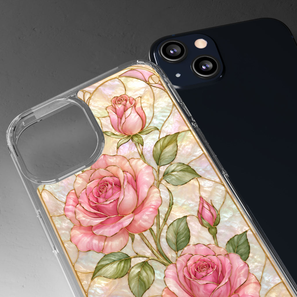 Pink Rose Stained Glass Clear Phone Case | Floral iPhone Case | Elegant Coquette Protective Cover | Gift for Her