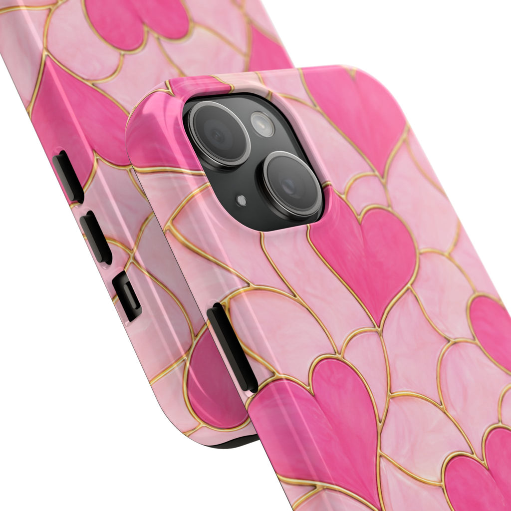 Pink Heart Faux Stained Glass Phone Case | Cute Valentine’s Day iPhone & Samsung Case | Girly Pink Hearts Aesthetic Protective Cover