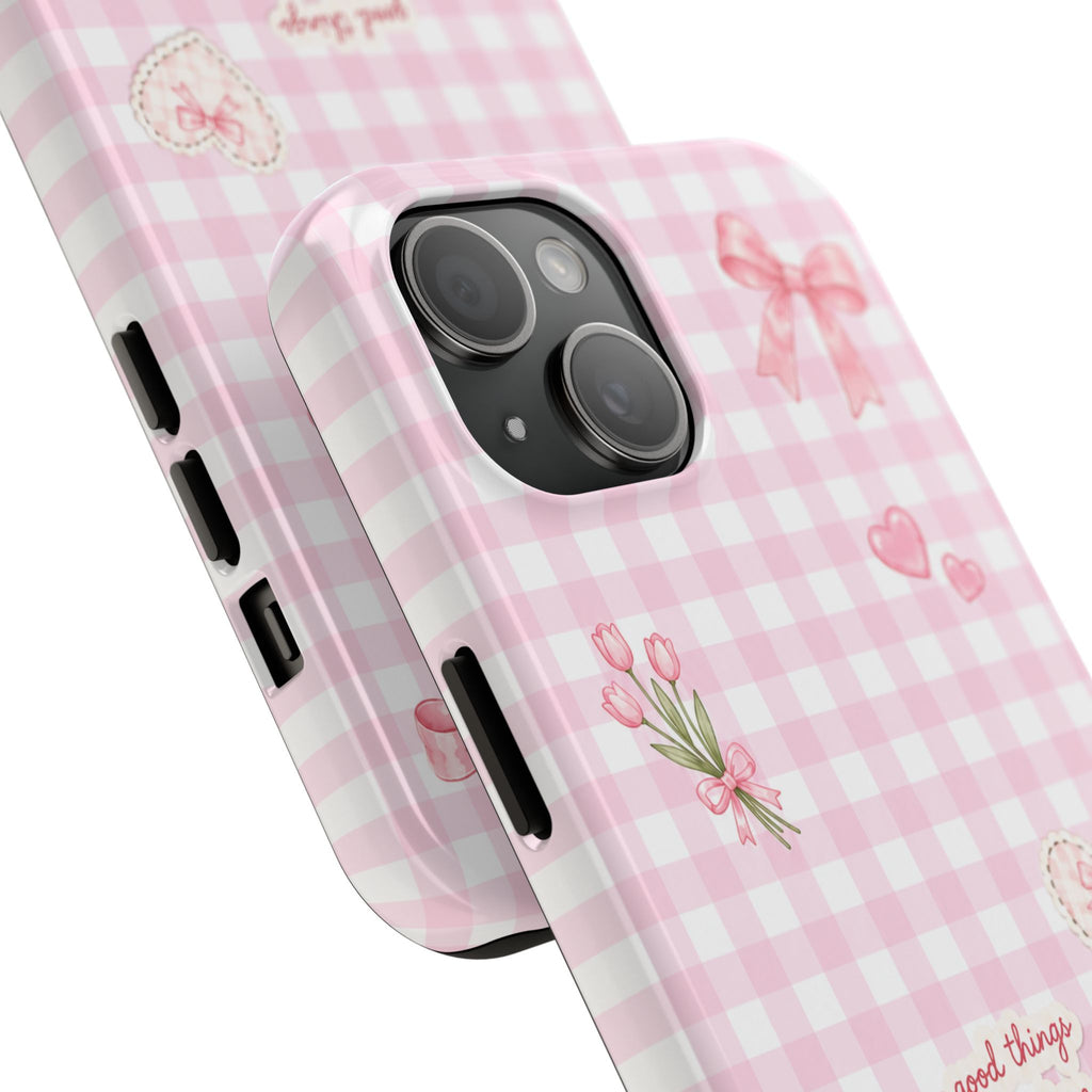 Pink Gingham Coquette Phone Case | Cute Bow & Cherry Aesthetic iPhone Case | Trendy Girly Protective Cover | Cute Cherry & Bow Phone Cover