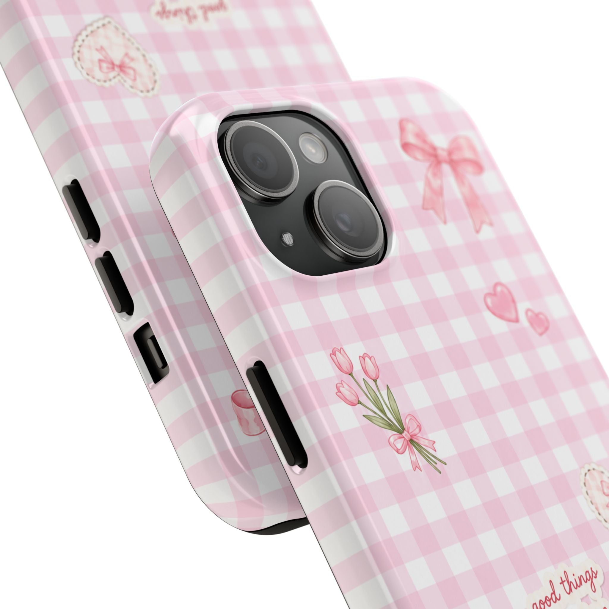Pink Gingham Coquette Phone Case | Cute Bow & Cherry Aesthetic iPhone Case | Trendy Girly Protective Cover | Cute Cherry & Bow Phone Cover