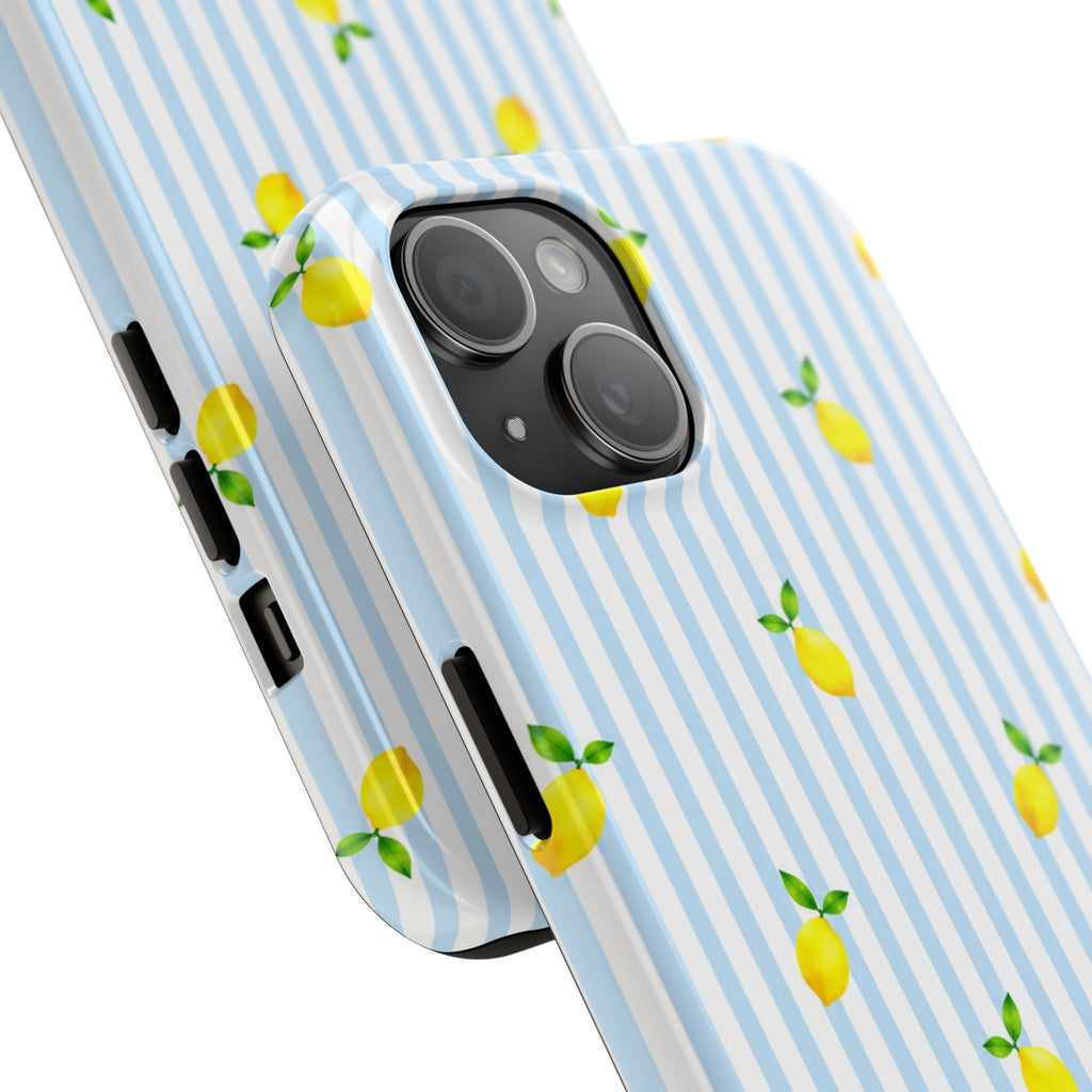Lemon Blue Stripe Phone Case | Cute Summer Citrus iPhone & Samsung Case | Aesthetic Coastal Protective Cover | Gift for Her