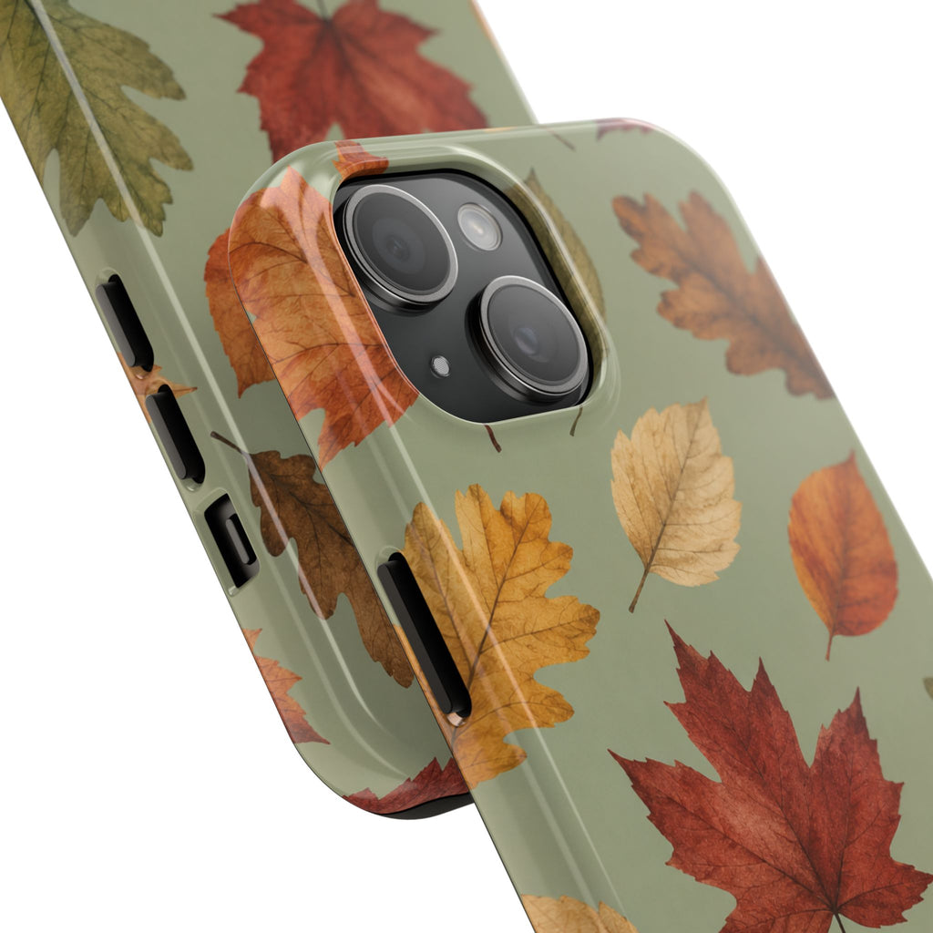 Autumn Leaves Phone Case | Sage Green Fall Aesthetic iPhone & Samsung Case | Cute Cozy Maple Leaf Protective Cover | Thanksgiving Gift