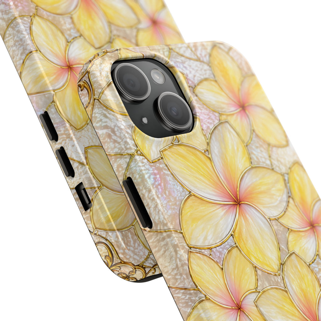 Luxury Plumeria Phone Case | Yellow & Pink Stained Glass Samsung Cover | Glossy Protective Case for iPhone & Samsung | Tough Phone Case | Tropical Floral Protective Cover