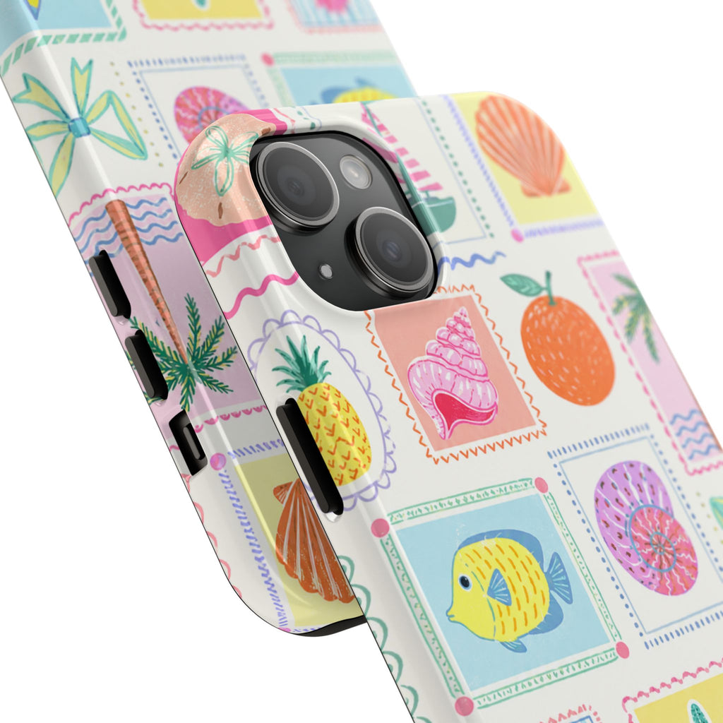 Coastal Postcard Phone Case | Cute Beach Summer Aesthetic Case for iPhone & Samsung | Tropical Stamp Collage Cover Pastel Seashell & Nautical Stamp | Beach Summer Phone Cover