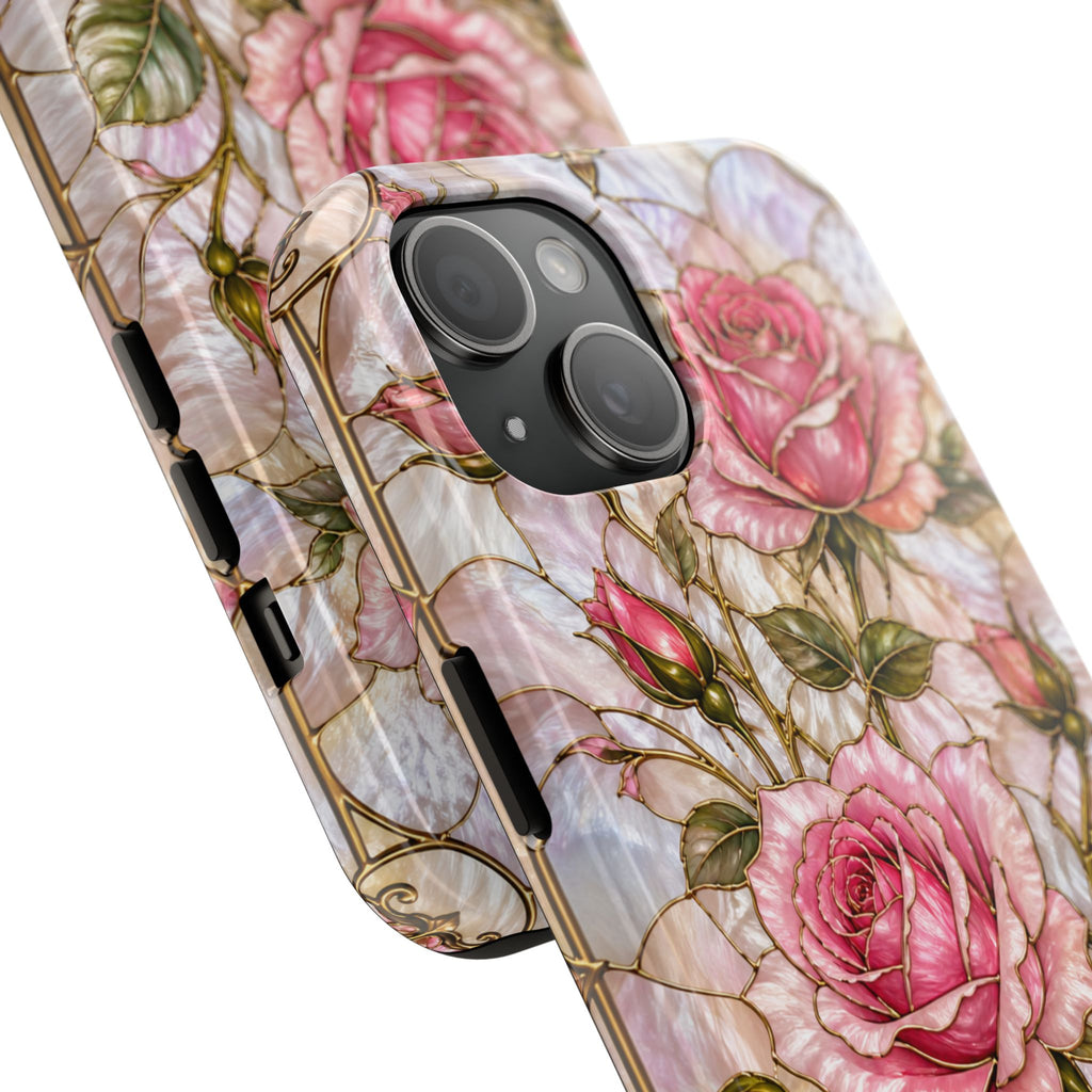 Luxury Pink Roses Stained Glass Phone Case | Pearly Floral Design with Gold Details | iPhone & Samsung Protective Case | Pink Floral Protective Cover