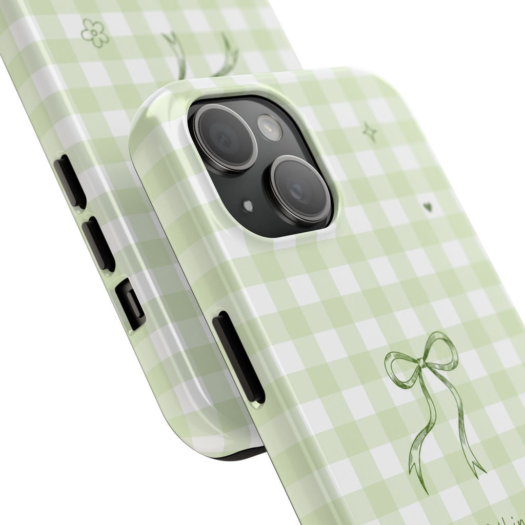 Sage Green Gingham Bow Phone Case | Cute Coquette Aesthetic iPhone & Samsung Galaxy Case | Protective Cover | Cute Bow Aesthetic Tough Case