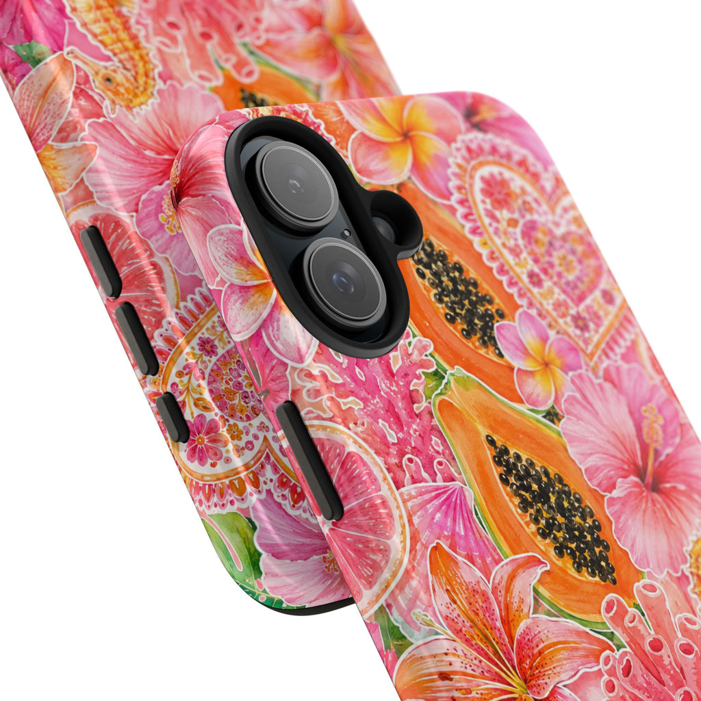 Tropical Hibiscus Papaya Phone Case | Pink Floral Beach Aesthetic Tough Case for iPhone & Samsung