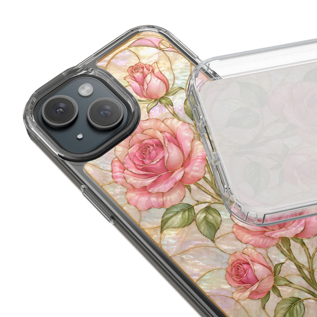 Pink Rose Stained Glass Clear Phone Case | Floral iPhone Case | Elegant Coquette Protective Cover | Gift for Her
