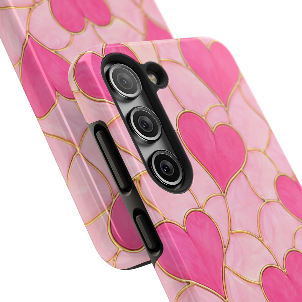Pink Heart Faux Stained Glass Phone Case | Cute Valentine’s Day iPhone & Samsung Case | Girly Pink Hearts Aesthetic Protective Cover