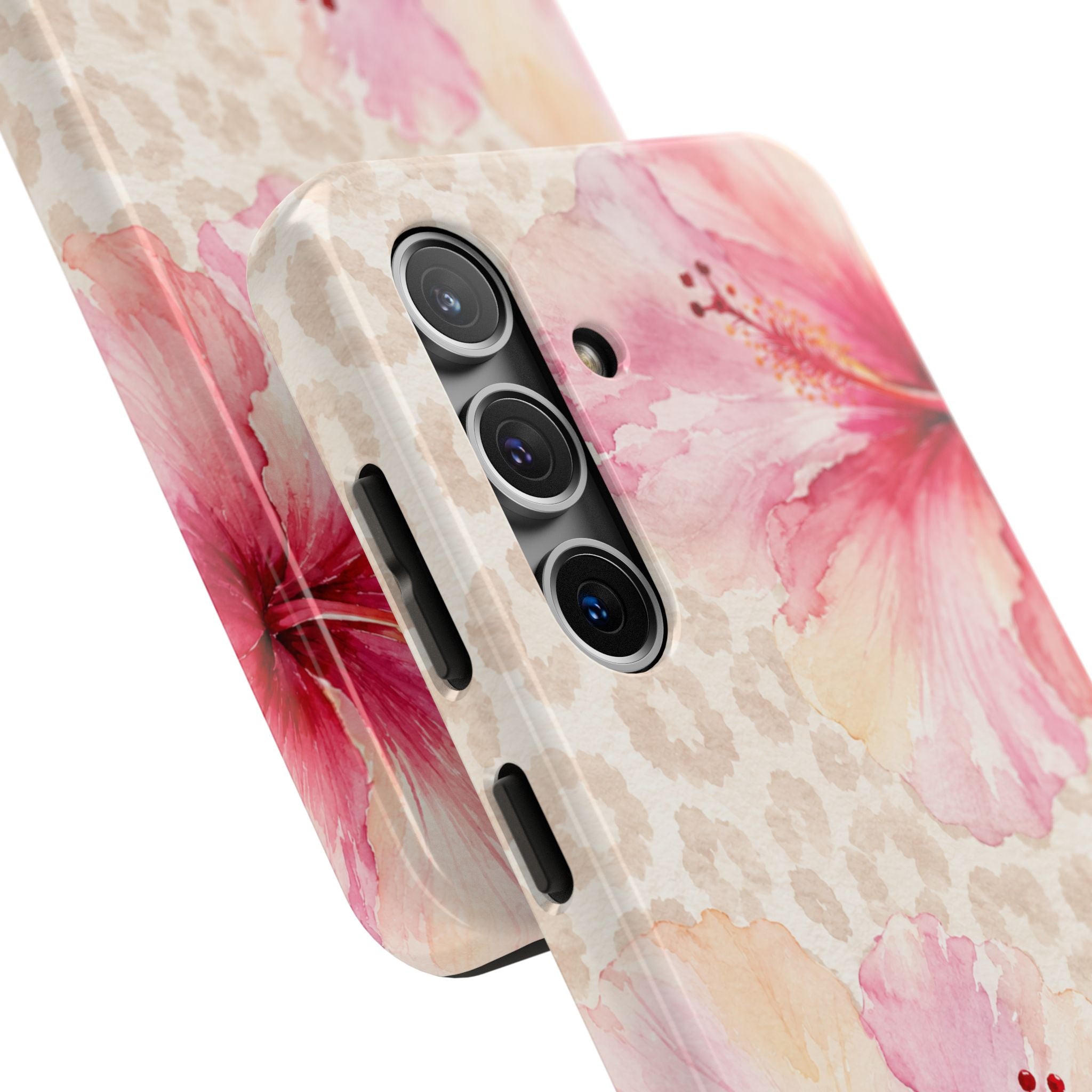 Pink Hibiscus Floral Phone Case | Beige Leopard Print Watercolor Case | Tropical Chic iPhone & Samsung Galaxy Cover