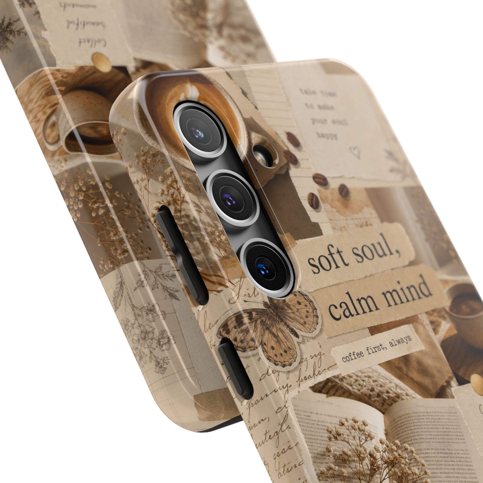 Aesthetic Coffee Collage Phone Case | Soft Soul, Calm Mind - Cozy Vibes | Tough Protective Case for iPhone & Samsung | Butterfly Protective Case