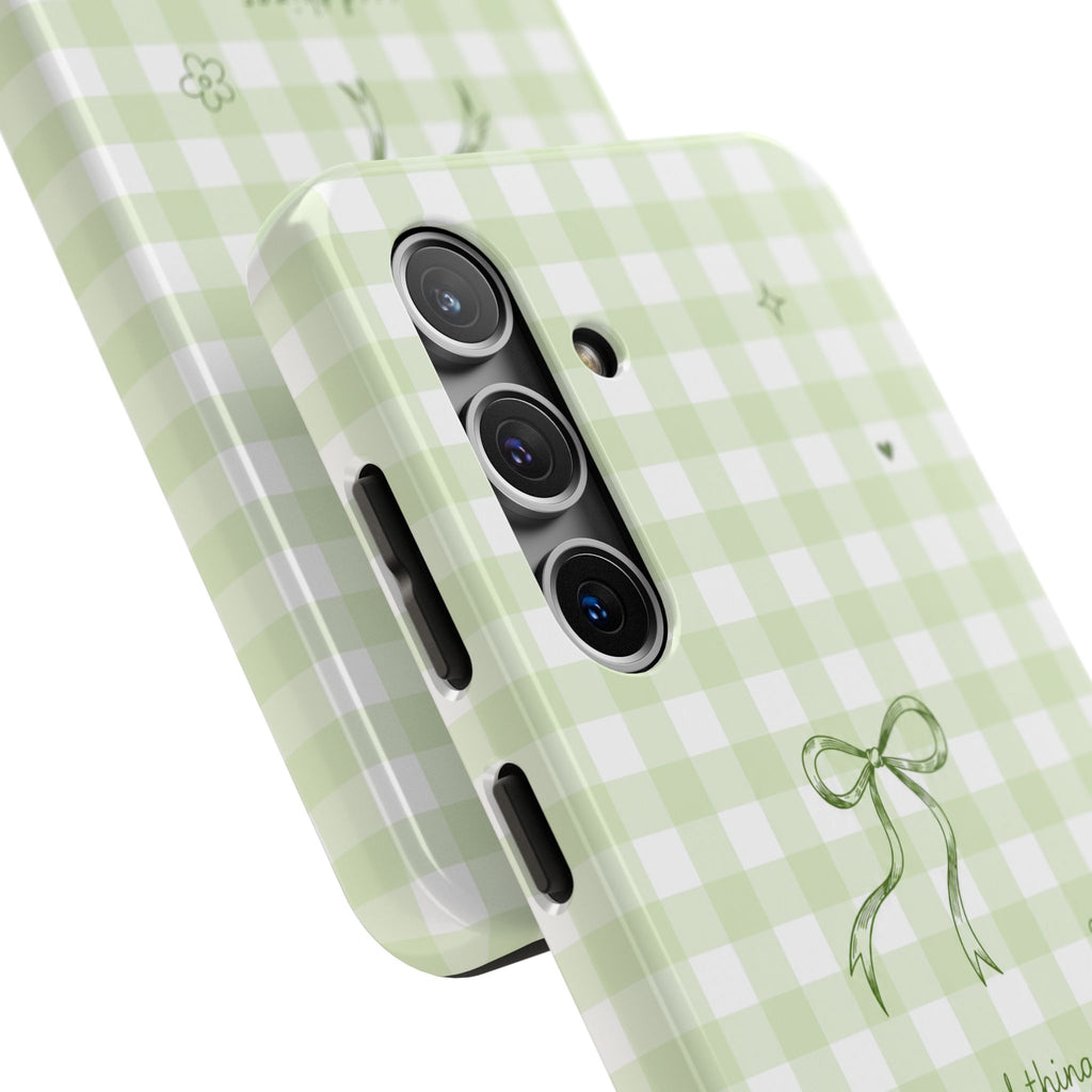 Sage Green Gingham Bow Phone Case | Cute Coquette Aesthetic iPhone & Samsung Galaxy Case | Protective Cover | Cute Bow Aesthetic Tough Case