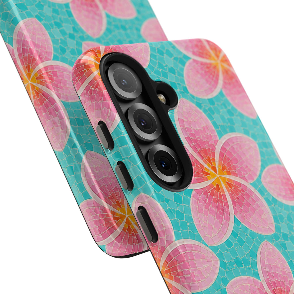 Pink Plumeria Faux Mosaic Phone Case | Tropical Floral Aqua iPhone & Samsung Galaxy Case | Beachy Summer Protective Cover