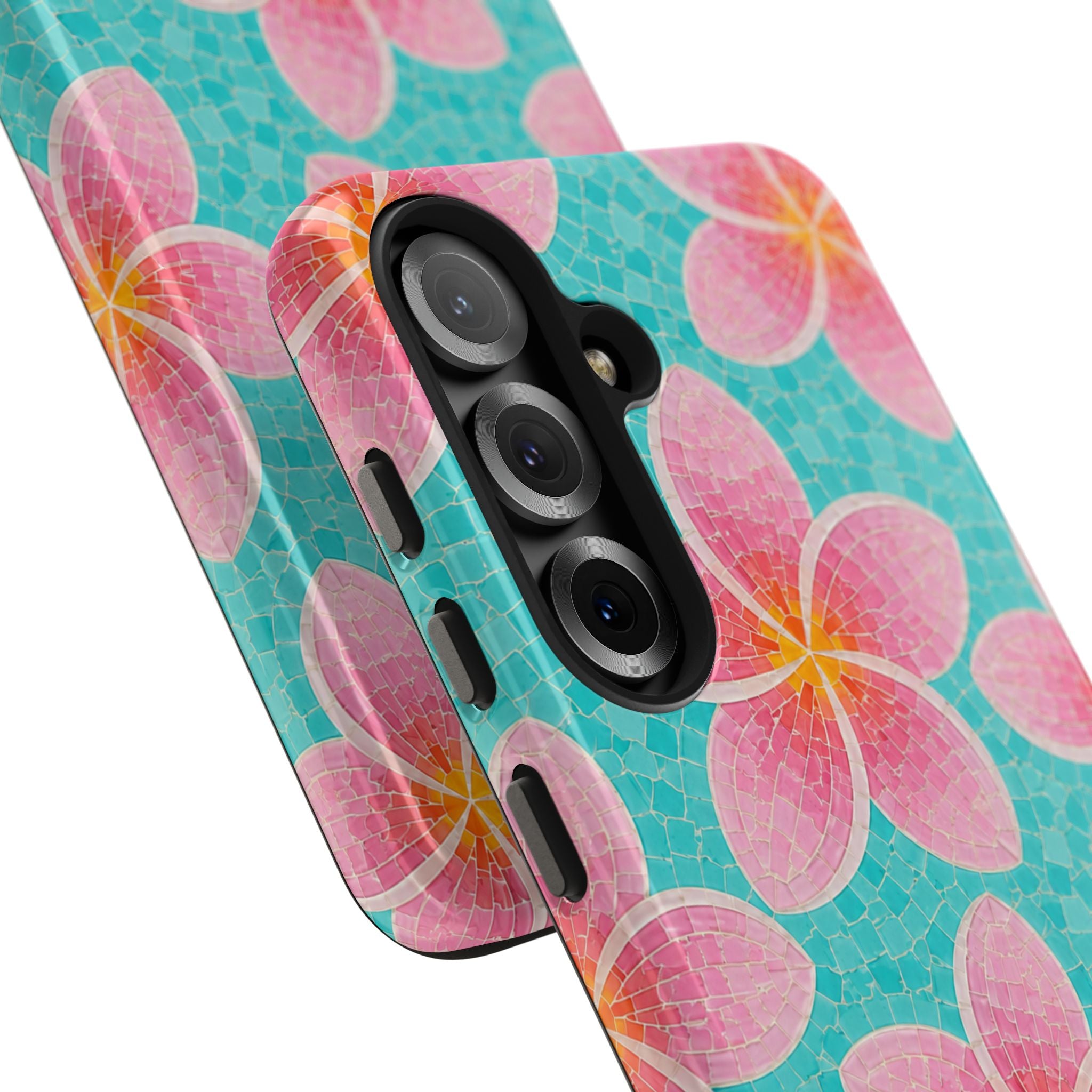 Pink Plumeria Faux Mosaic Phone Case | Tropical Floral Aqua iPhone & Samsung Galaxy Case | Beachy Summer Protective Cover