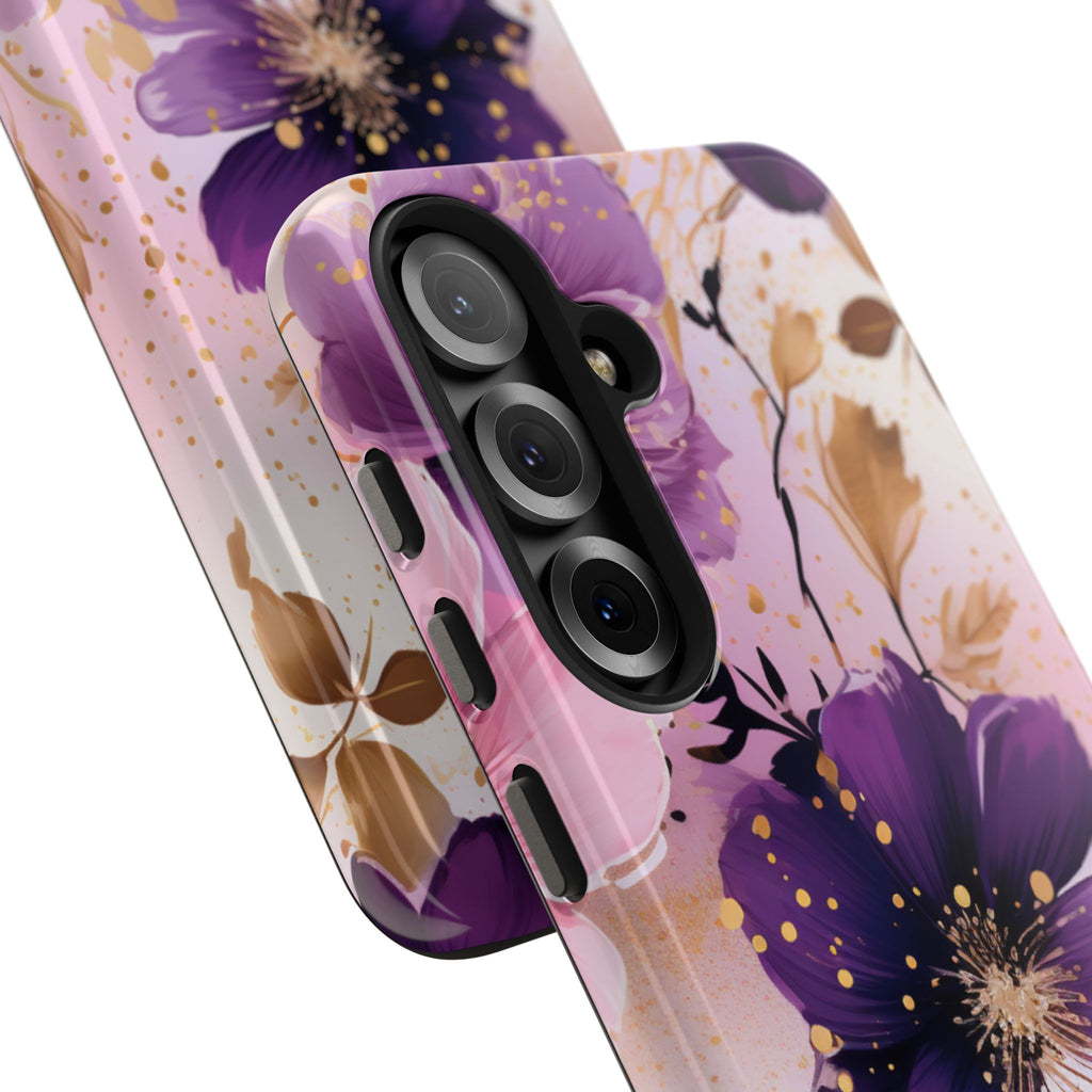 Purple Floral Phone Case for iPhone & Samsung Galaxy | Elegant Pink & Gold Flower Tough Case | Feminine Protective Floral Cover