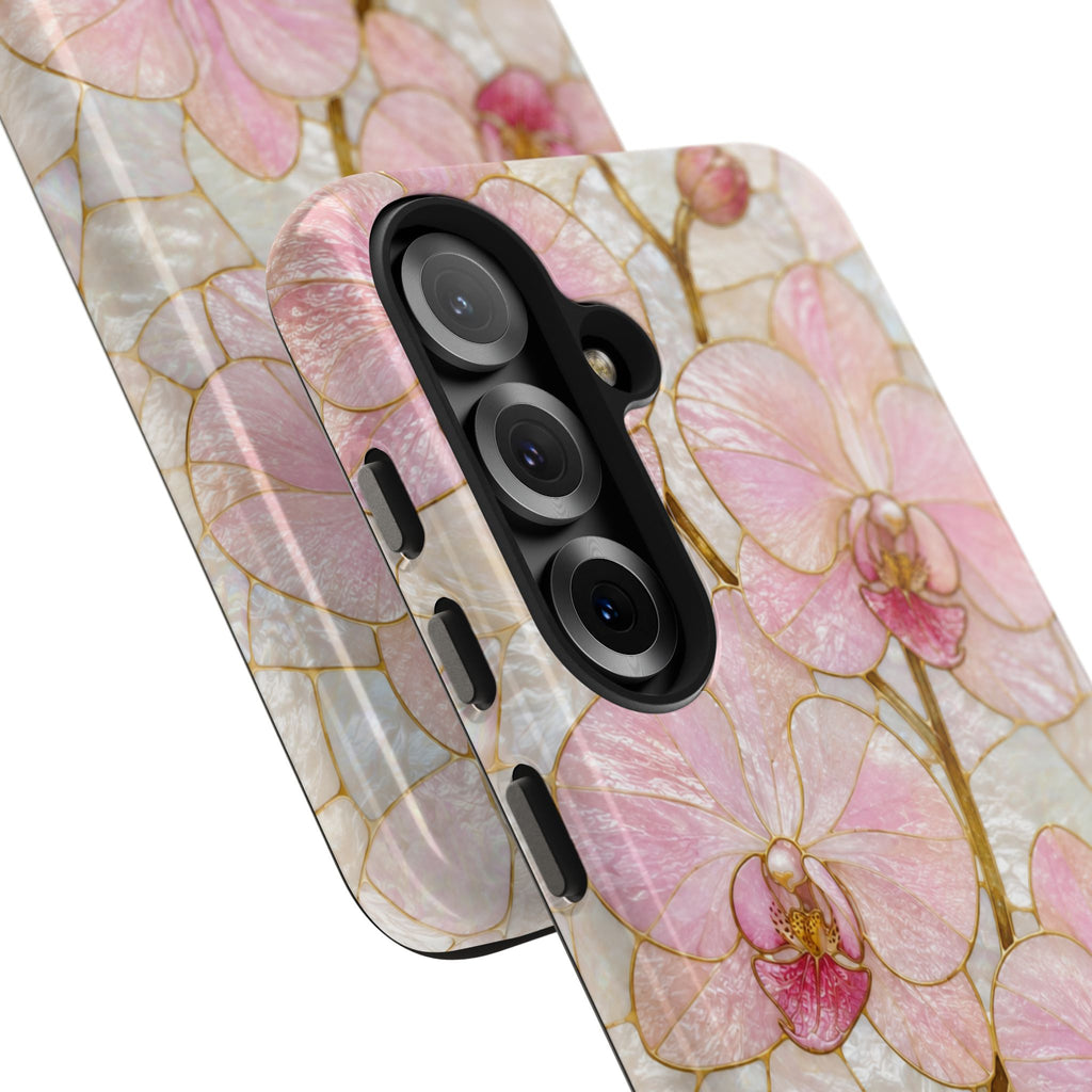 Pink Orchid Stained Glass Tough Phone Case |  Floral Glossy Protective Cover for iPhone & Samsung Galaxy | Tough Phone Case | Floral Protective iPhone Cover