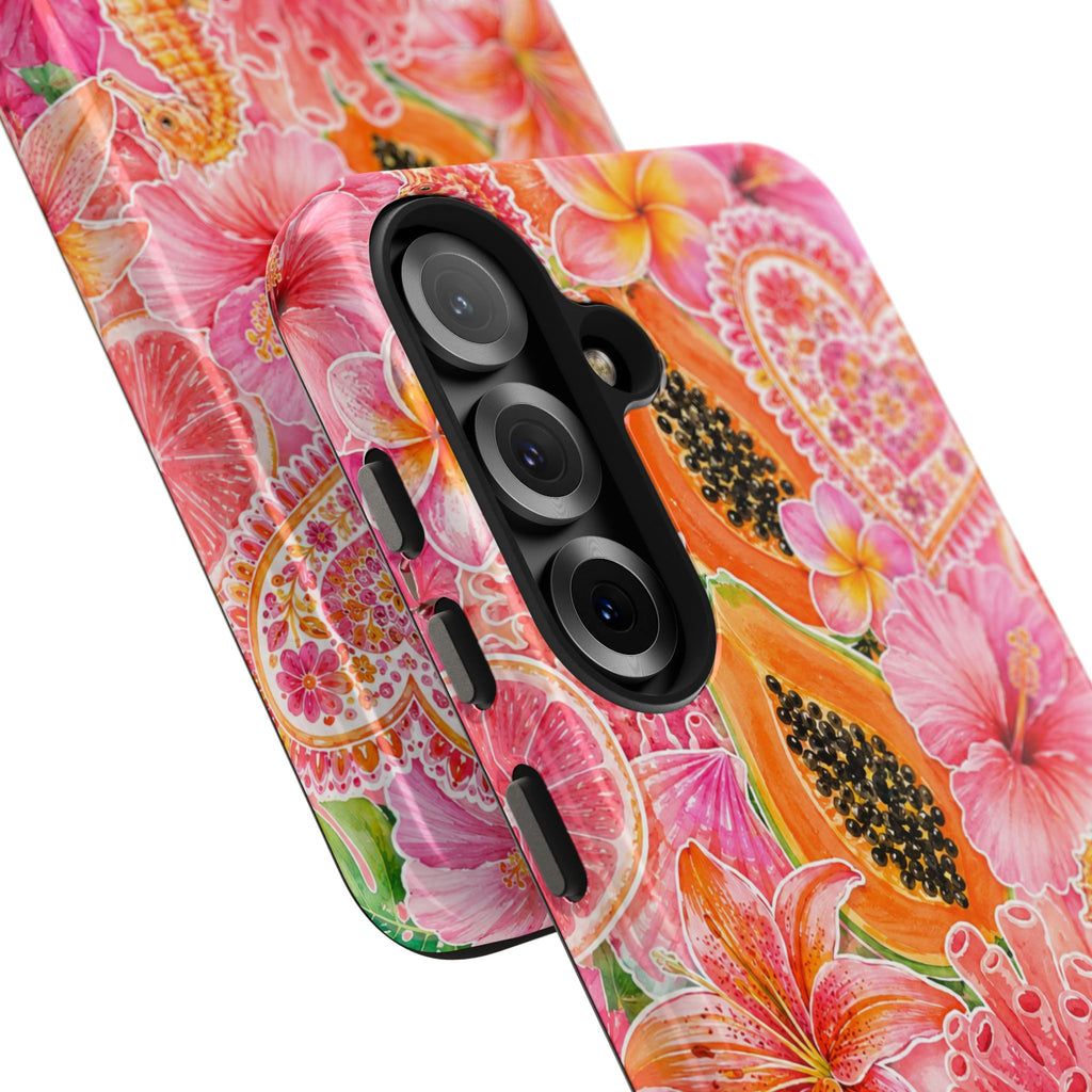 Tropical Hibiscus Papaya Phone Case | Pink Floral Beach Aesthetic Tough Case for iPhone & Samsung