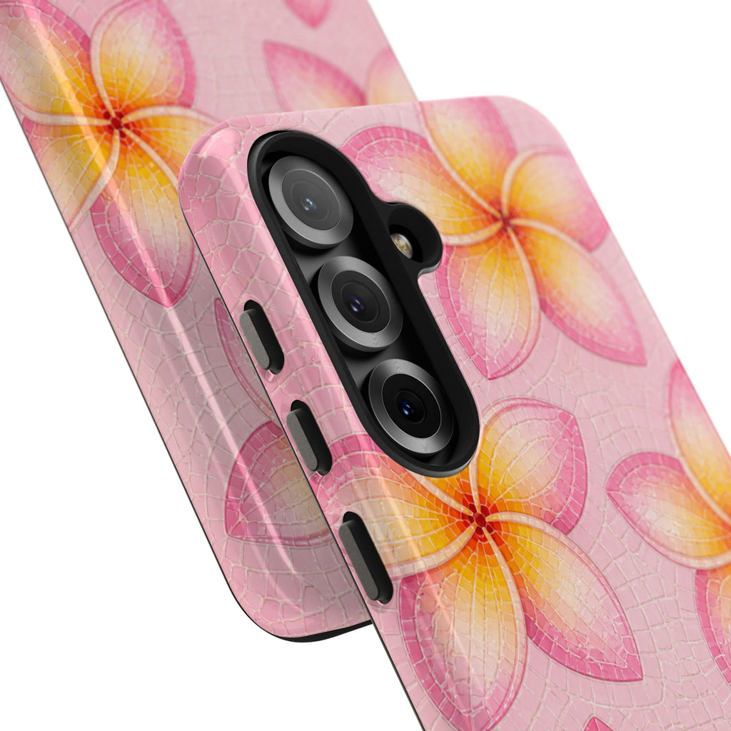 Pink Plumeria Stained Glass Phone Case | Tropical Floral Mosaic iPhone 17 case | Cute Aesthetic Tough Case for iPhone & Samsung