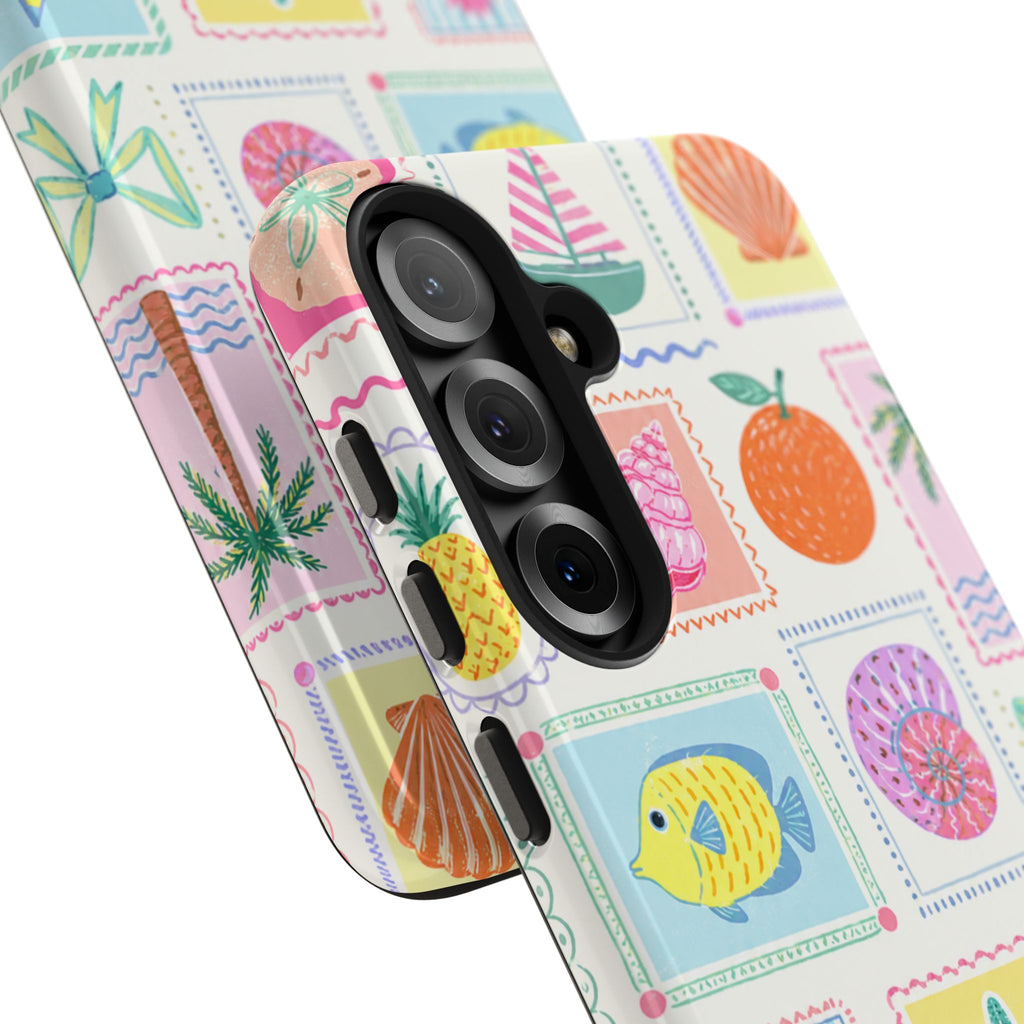 Coastal Postcard Phone Case | Cute Beach Summer Aesthetic Case for iPhone & Samsung | Tropical Stamp Collage Cover Pastel Seashell & Nautical Stamp | Beach Summer Phone Cover