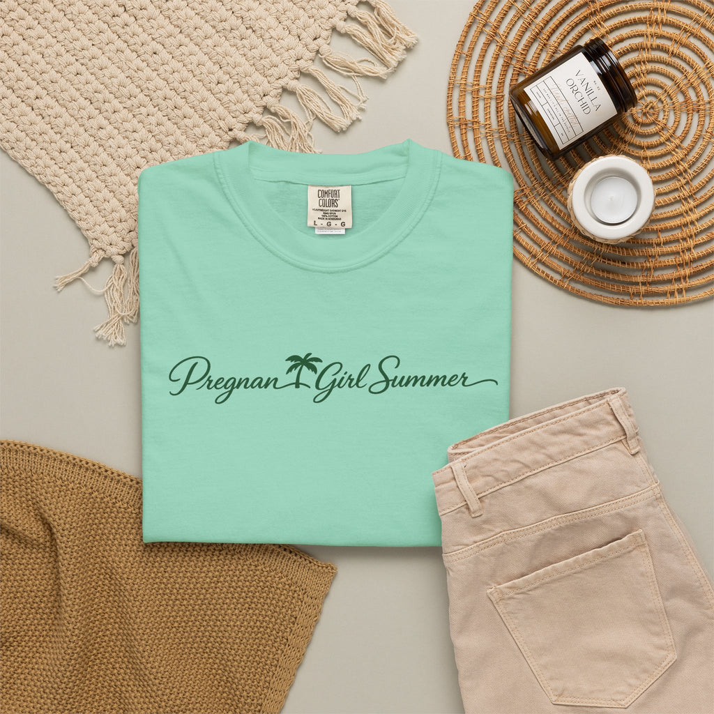 Pregnant Girl Summer Beach Shirt | Trendy Pregnancy Summer Tee | Cute Mama Vacation T-Shirt | Beachy Mom Graphic Tee | Palm Script Maternity Tee