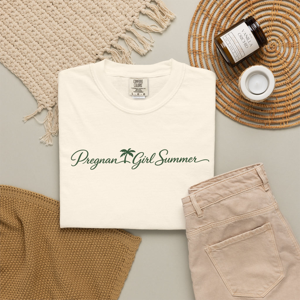 Pregnant Girl Summer Beach Shirt | Trendy Pregnancy Summer Tee | Cute Mama Vacation T-Shirt | Beachy Mom Graphic Tee | Palm Script Maternity Tee