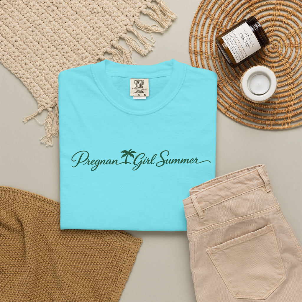 Pregnant Girl Summer Beach Shirt | Trendy Pregnancy Summer Tee | Cute Mama Vacation T-Shirt | Beachy Mom Graphic Tee | Palm Script Maternity Tee