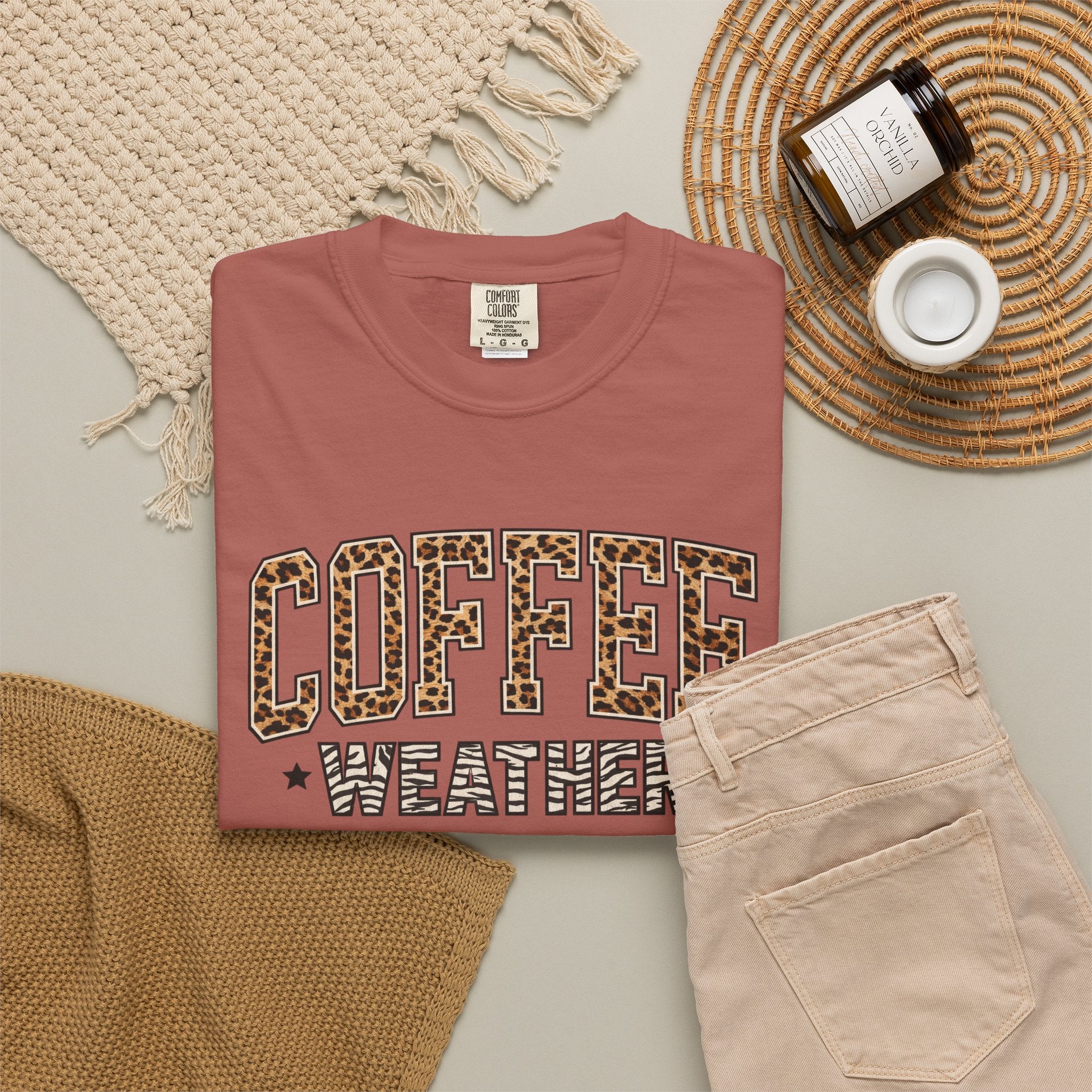 Coffee Weather Leopard Print T-Shirt | Cozy Aesthetic Graphic Tee | Comfort Colors Shirt | Fall Coffee Lover Gift