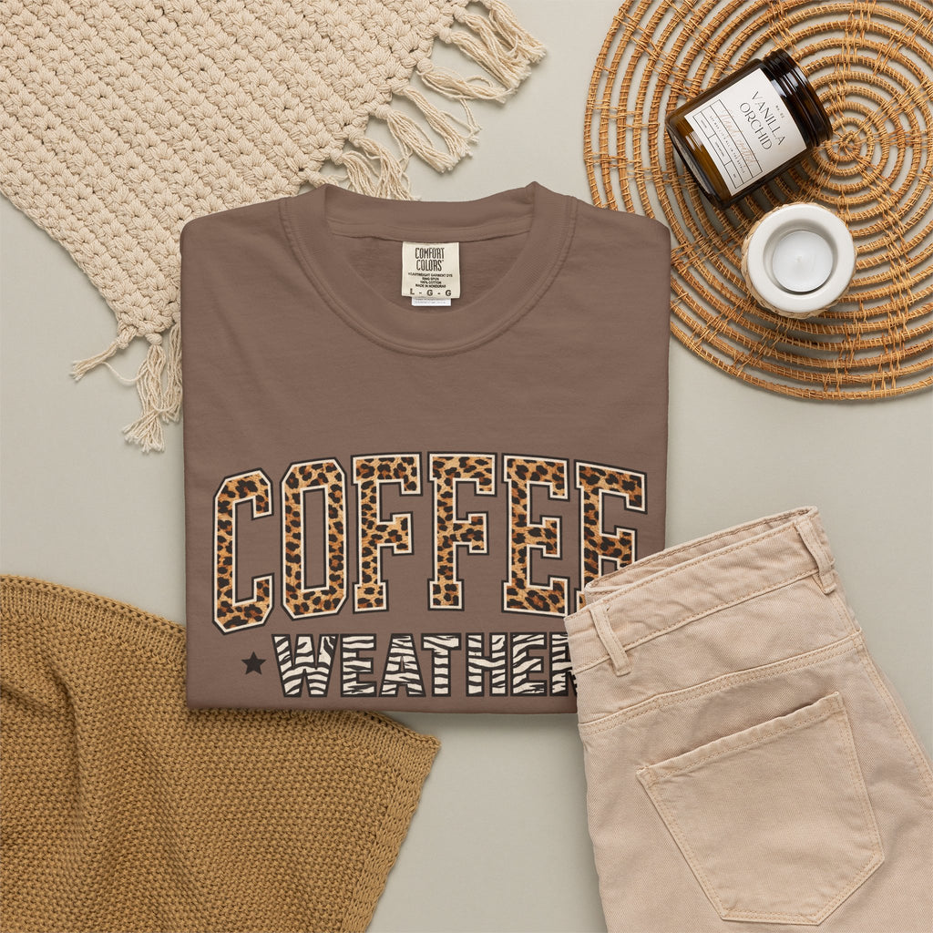 Coffee Weather Leopard Print T-Shirt | Cozy Aesthetic Graphic Tee | Comfort Colors Shirt | Fall Coffee Lover Gift