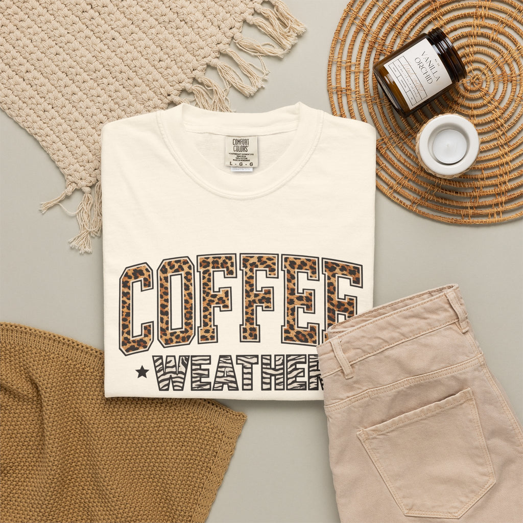 Coffee Weather Leopard Print T-Shirt | Cozy Aesthetic Graphic Tee | Comfort Colors Shirt | Fall Coffee Lover Gift