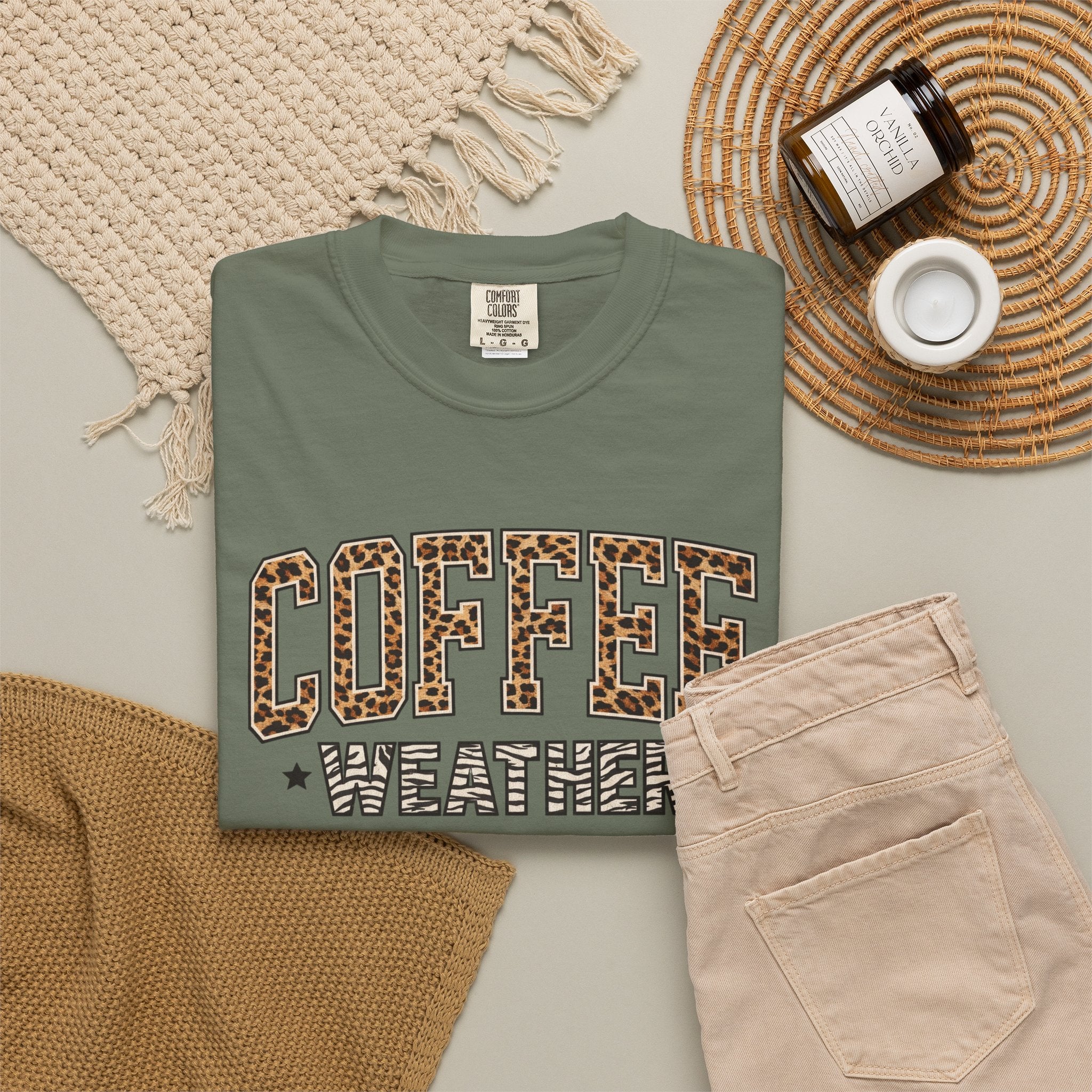 Coffee Weather Leopard Print T-Shirt | Cozy Aesthetic Graphic Tee | Comfort Colors Shirt | Fall Coffee Lover Gift