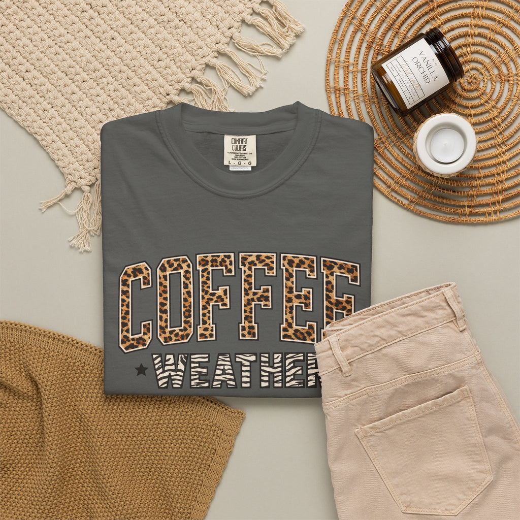 Coffee Weather Leopard Print T-Shirt | Cozy Aesthetic Graphic Tee | Comfort Colors Shirt | Fall Coffee Lover Gift