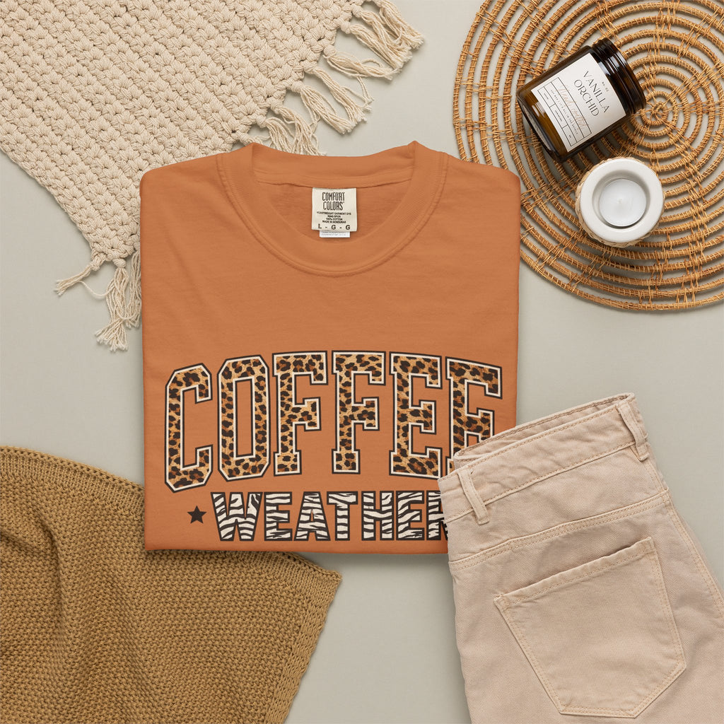 Coffee Weather Leopard Print T-Shirt | Cozy Aesthetic Graphic Tee | Comfort Colors Shirt | Fall Coffee Lover Gift