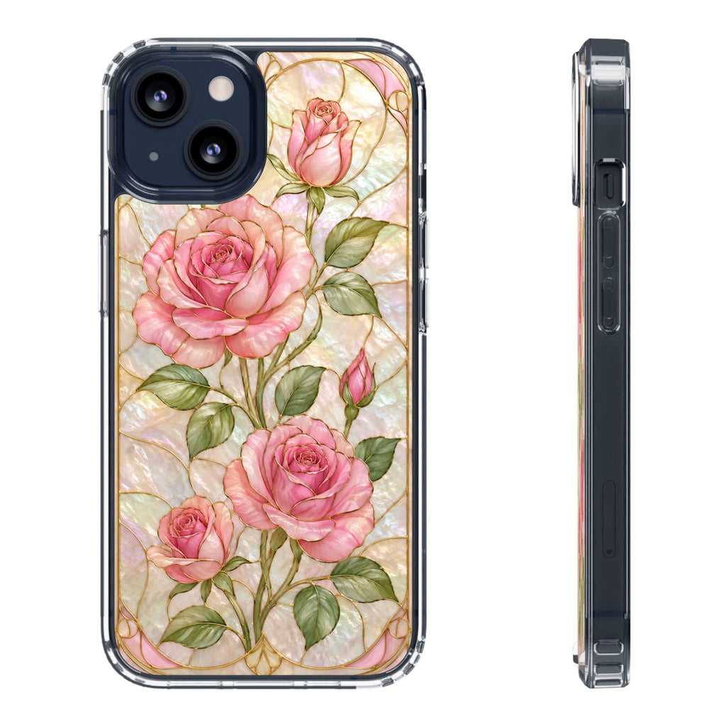 Pink Rose Stained Glass Clear Phone Case | Floral iPhone Case | Elegant Coquette Protective Cover | Gift for Her