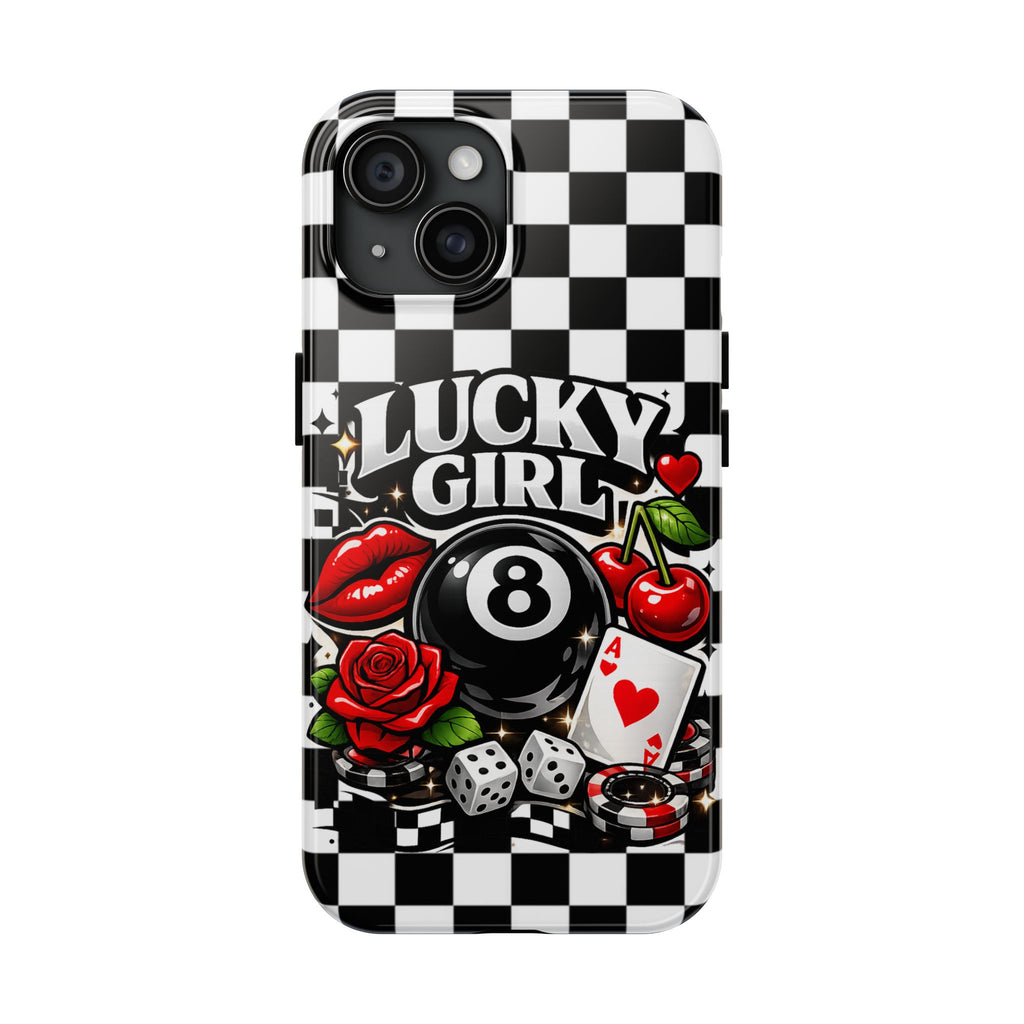 Lucky Girl 8 Ball Phone Case | Black & White Checkerboard Aesthetic | Casino Chic, Cherry & Rose | Glossy Tough Case for iPhone & Samsung