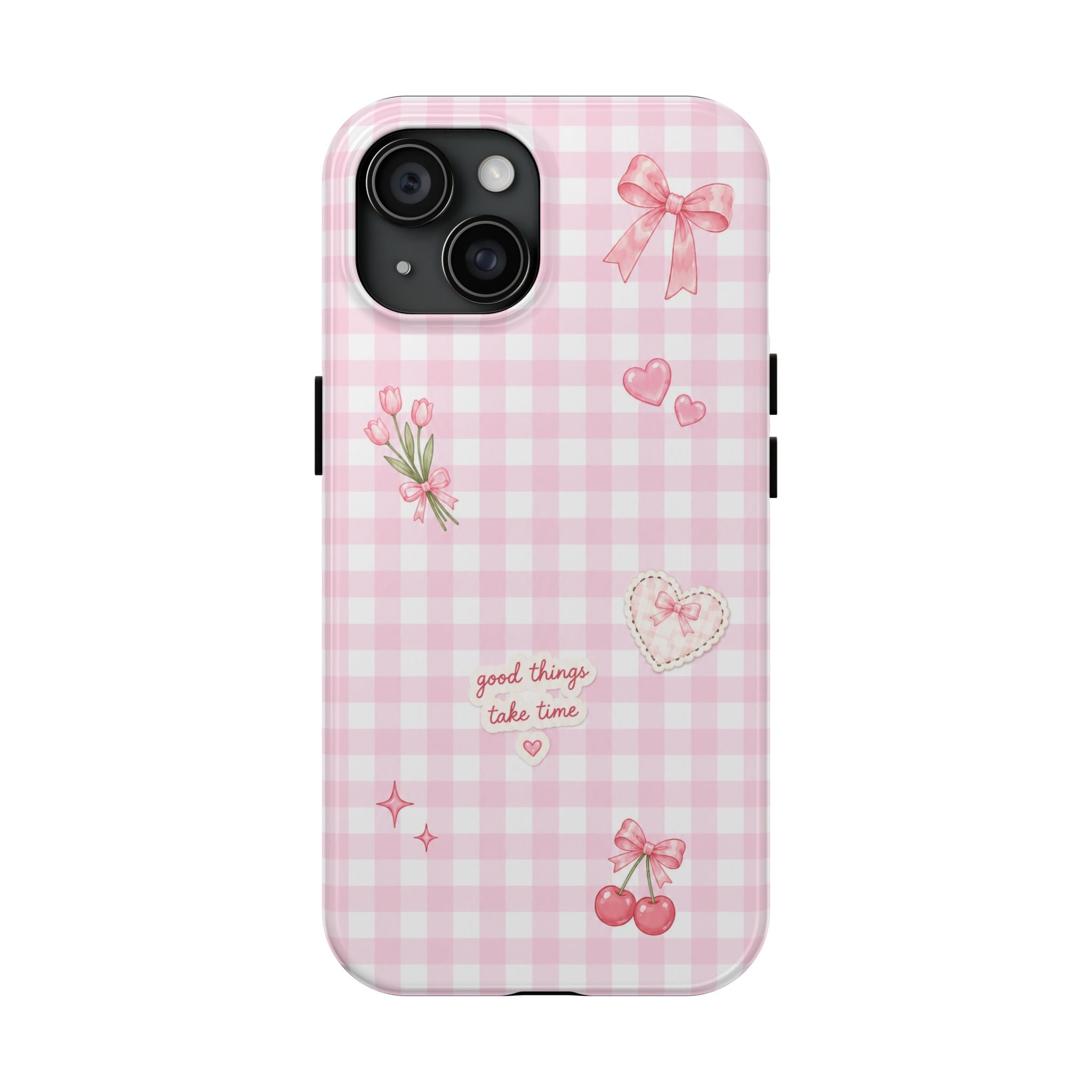 Pink Gingham Coquette Phone Case | Cute Bow & Cherry Aesthetic iPhone Case | Trendy Girly Protective Cover | Cute Cherry & Bow Phone Cover