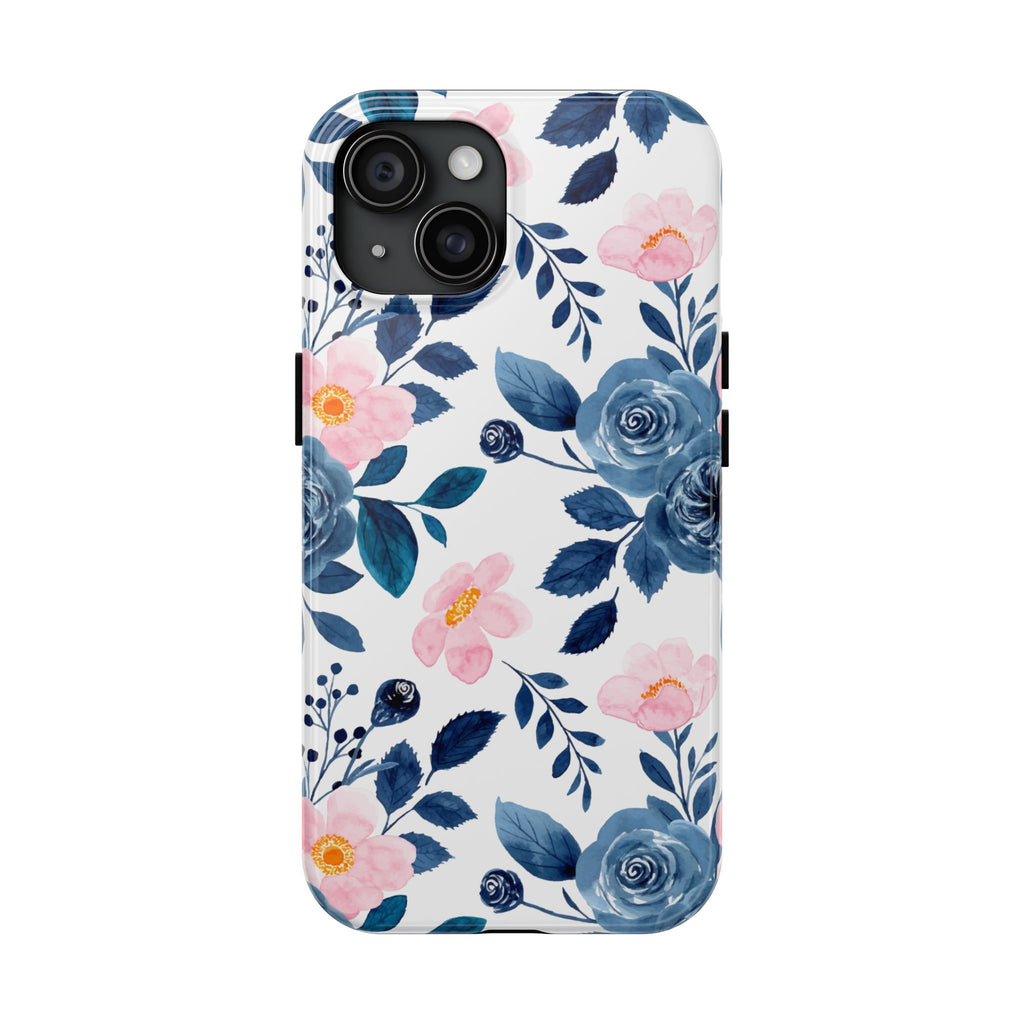 Blue Floral Phone Case for iPhone & Samsung | Cute Watercolor Rose Tough Case | Aesthetic Girly Protective Cover