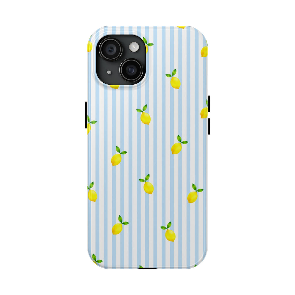 Lemon Blue Stripe Phone Case | Cute Summer Citrus iPhone & Samsung Case | Aesthetic Coastal Protective Cover | Gift for Her