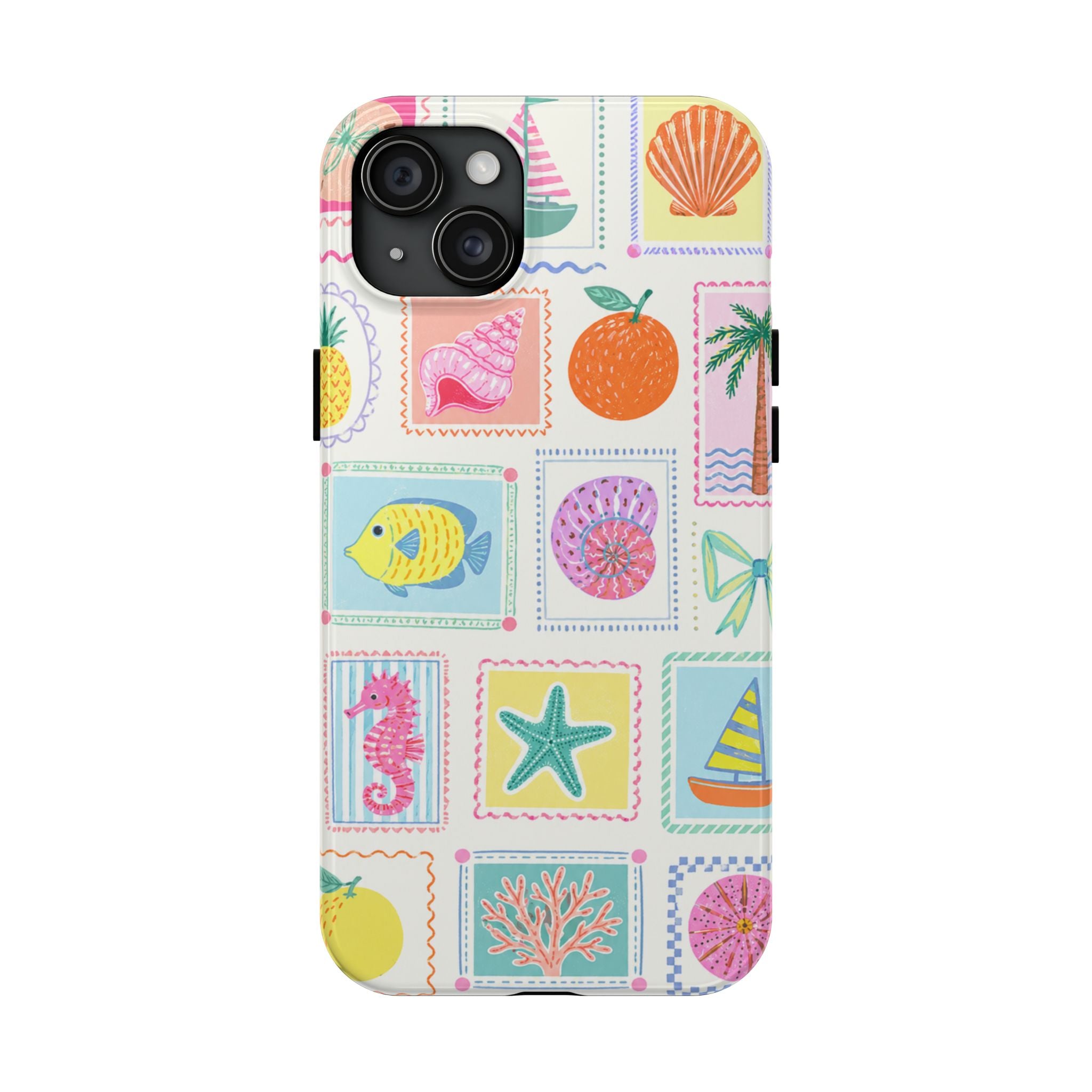 Coastal Postcard Phone Case | Cute Beach Summer Aesthetic Case for iPhone & Samsung | Tropical Stamp Collage Cover Pastel Seashell & Nautical Stamp | Beach Summer Phone Cover