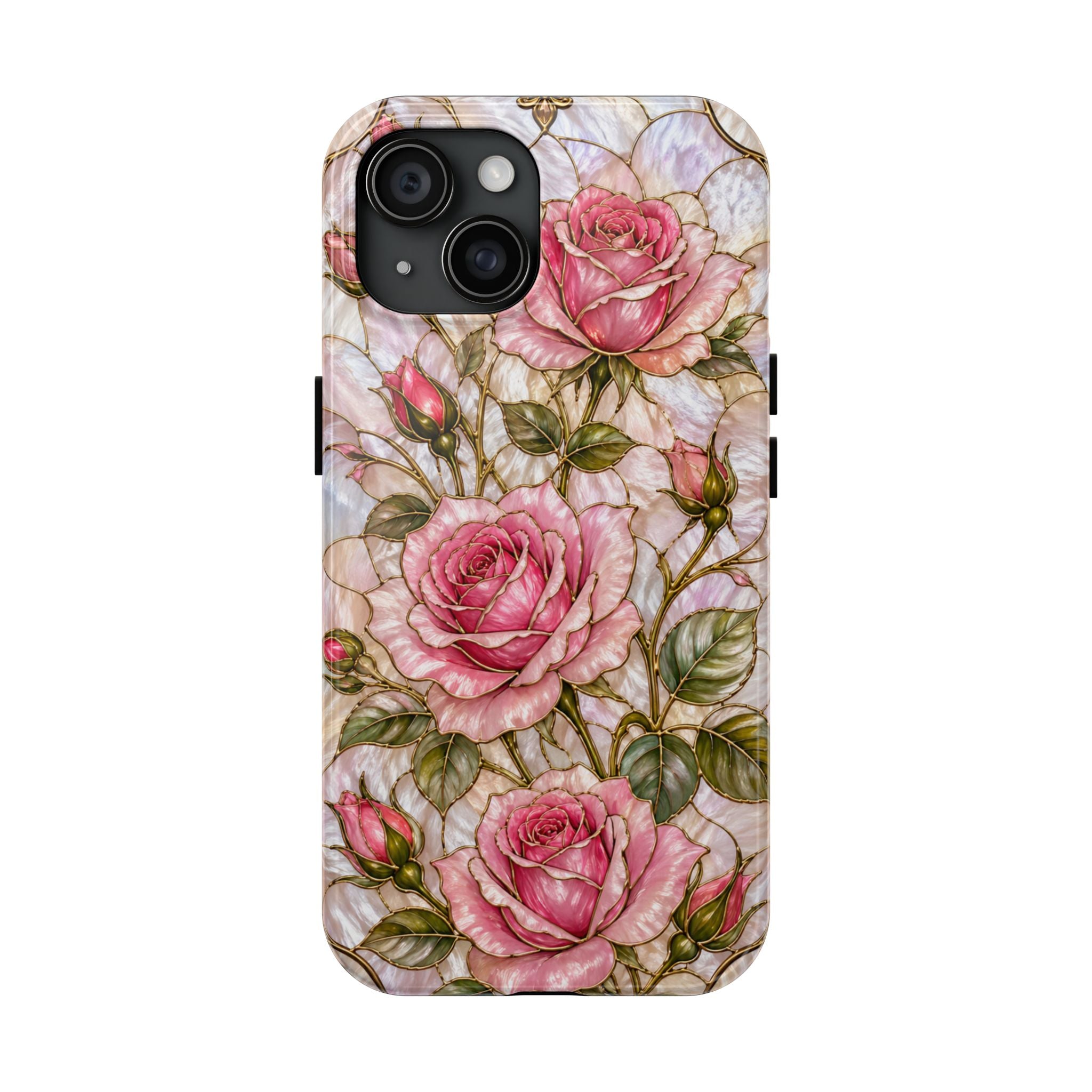 Luxury Pink Roses Stained Glass Phone Case | Pearly Floral Design with Gold Details | iPhone & Samsung Protective Case | Pink Floral Protective Cover