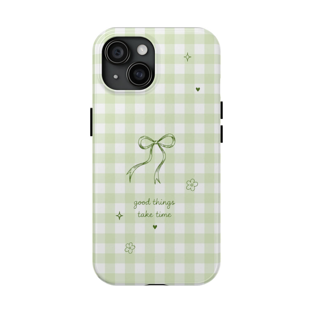 Sage Green Gingham Bow Phone Case | Cute Coquette Aesthetic iPhone & Samsung Galaxy Case | Protective Cover | Cute Bow Aesthetic Tough Case