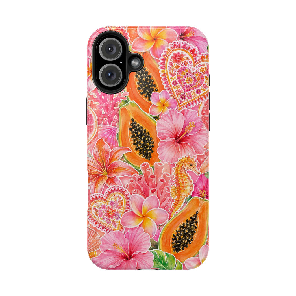Tropical Hibiscus Papaya Phone Case | Pink Floral Beach Aesthetic Tough Case for iPhone & Samsung