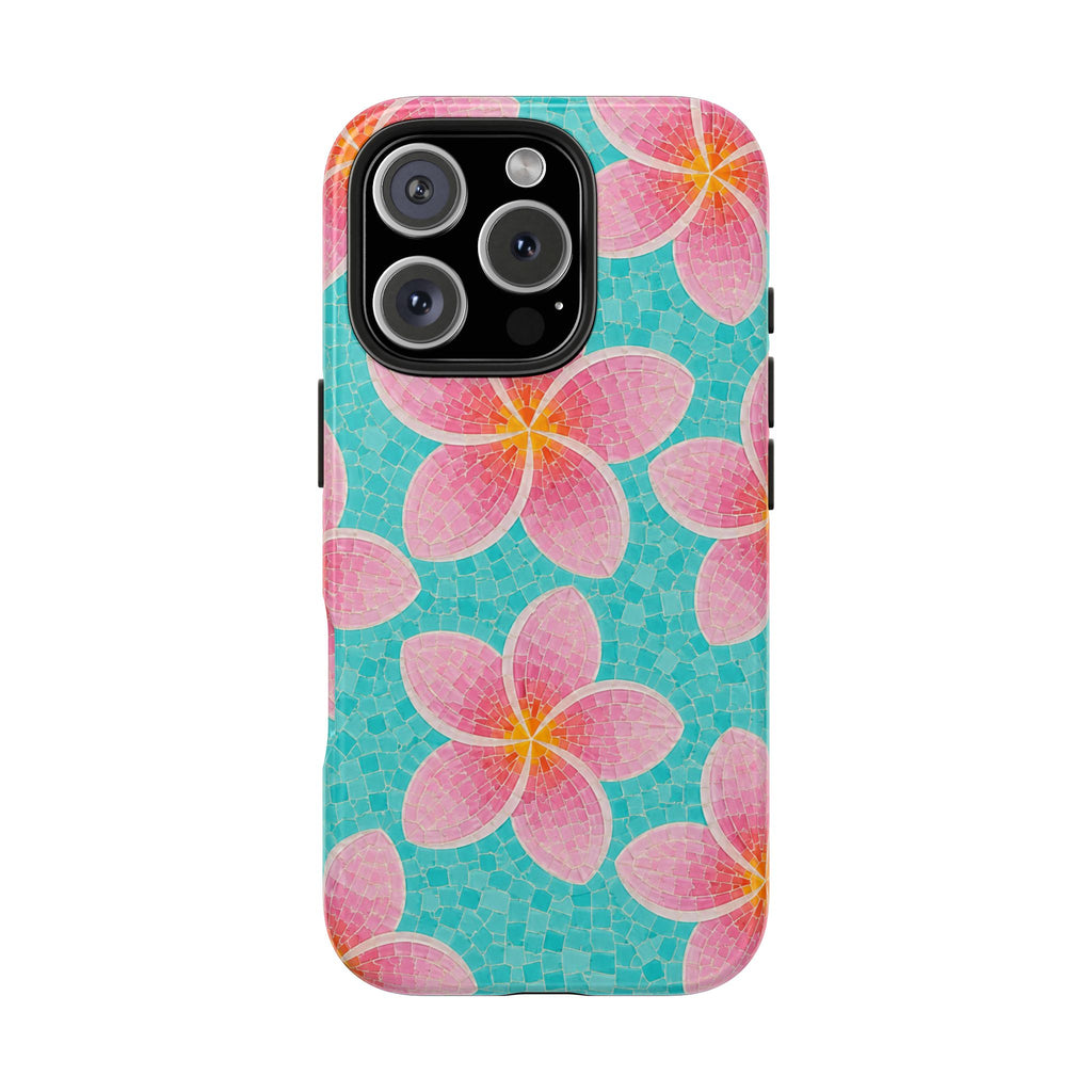 Pink Plumeria Faux Mosaic Phone Case | Tropical Floral Aqua iPhone & Samsung Galaxy Case | Beachy Summer Protective Cover