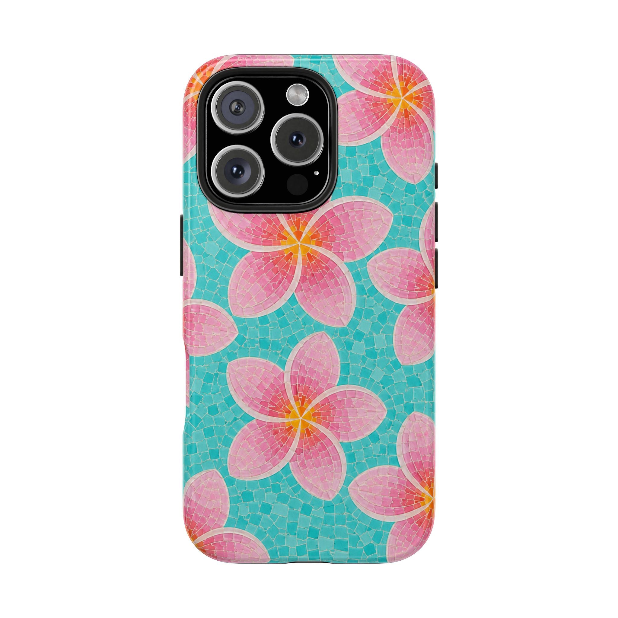Pink Plumeria Faux Mosaic Phone Case | Tropical Floral Aqua iPhone & Samsung Galaxy Case | Beachy Summer Protective Cover